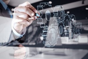 43297399 - double exposure of businessman hand draws gear to success concept