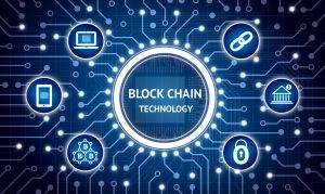 Blockchain , Distributed ledger technology , bitcoin concept. Electric circuit graphic and infographic of Block chain , network connect , security , binary coded icons. SAP